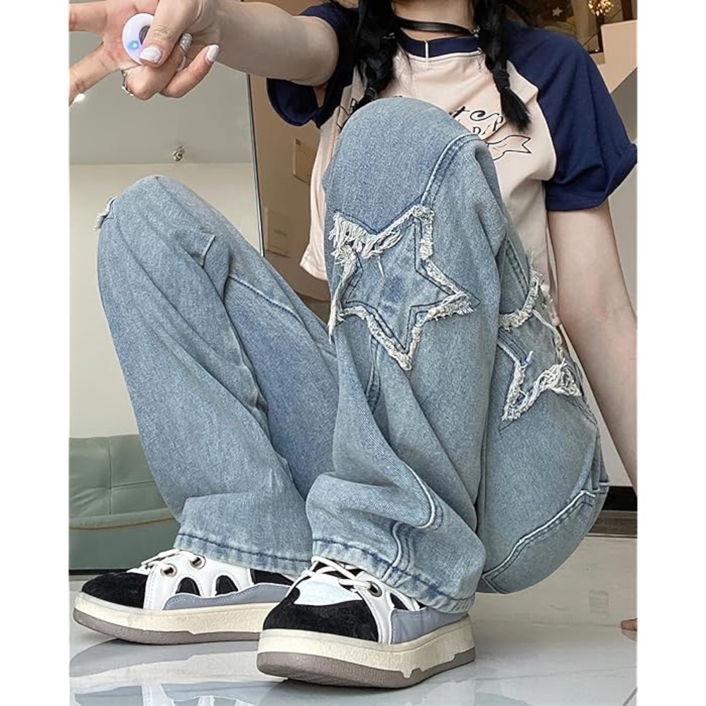 Women Loose Fit Boyfriend Jeans Baggy Y2K Straight Leg Star Patchwork Size Small - Picture 2 of 11
